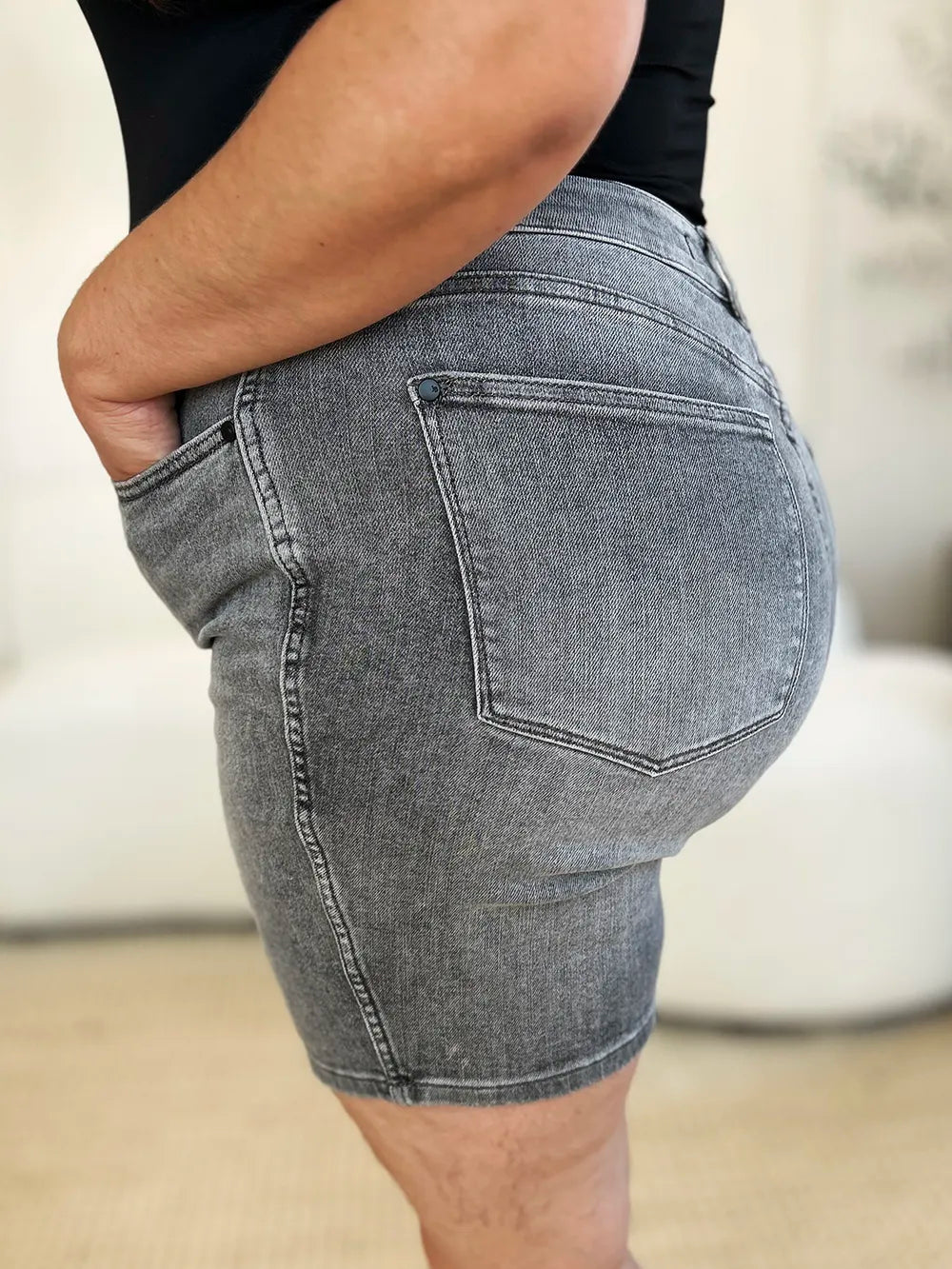 Gray Judy Blue high waist washed denim shorts for women, full size, showcasing a trendy casual style.