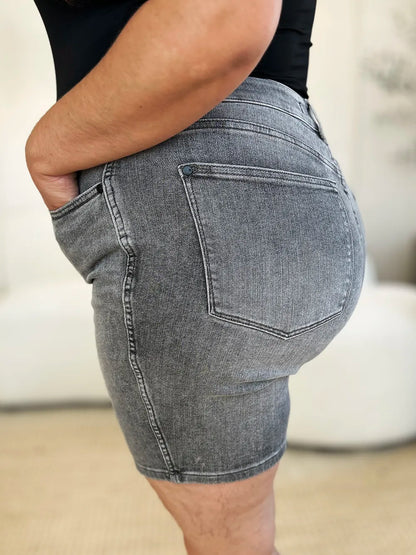 Gray Judy Blue high waist washed denim shorts for women, full size, showcasing a trendy casual style.