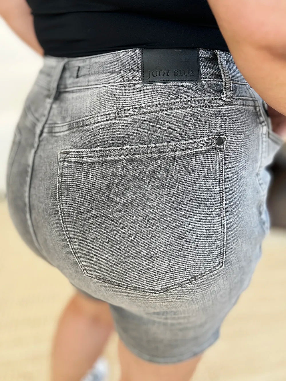 Grey Judy Blue high waist washed denim shorts, full size, with distressed details and classic five-pocket style.