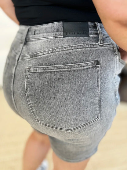 Grey Judy Blue high waist washed denim shorts, full size, with distressed details and classic five-pocket style.