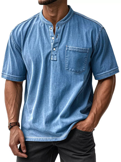 Men's plus size short sleeve top with button details, in grey, from Trendsi, featuring a casual and comfortable fit.