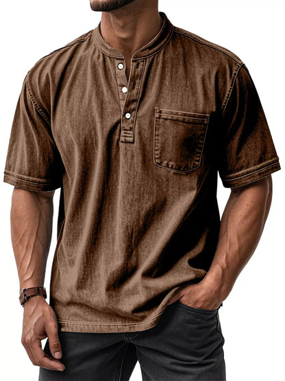 Gray men's plus size short sleeve top with button details, featuring a relaxed fit and casual style from Trendsi.