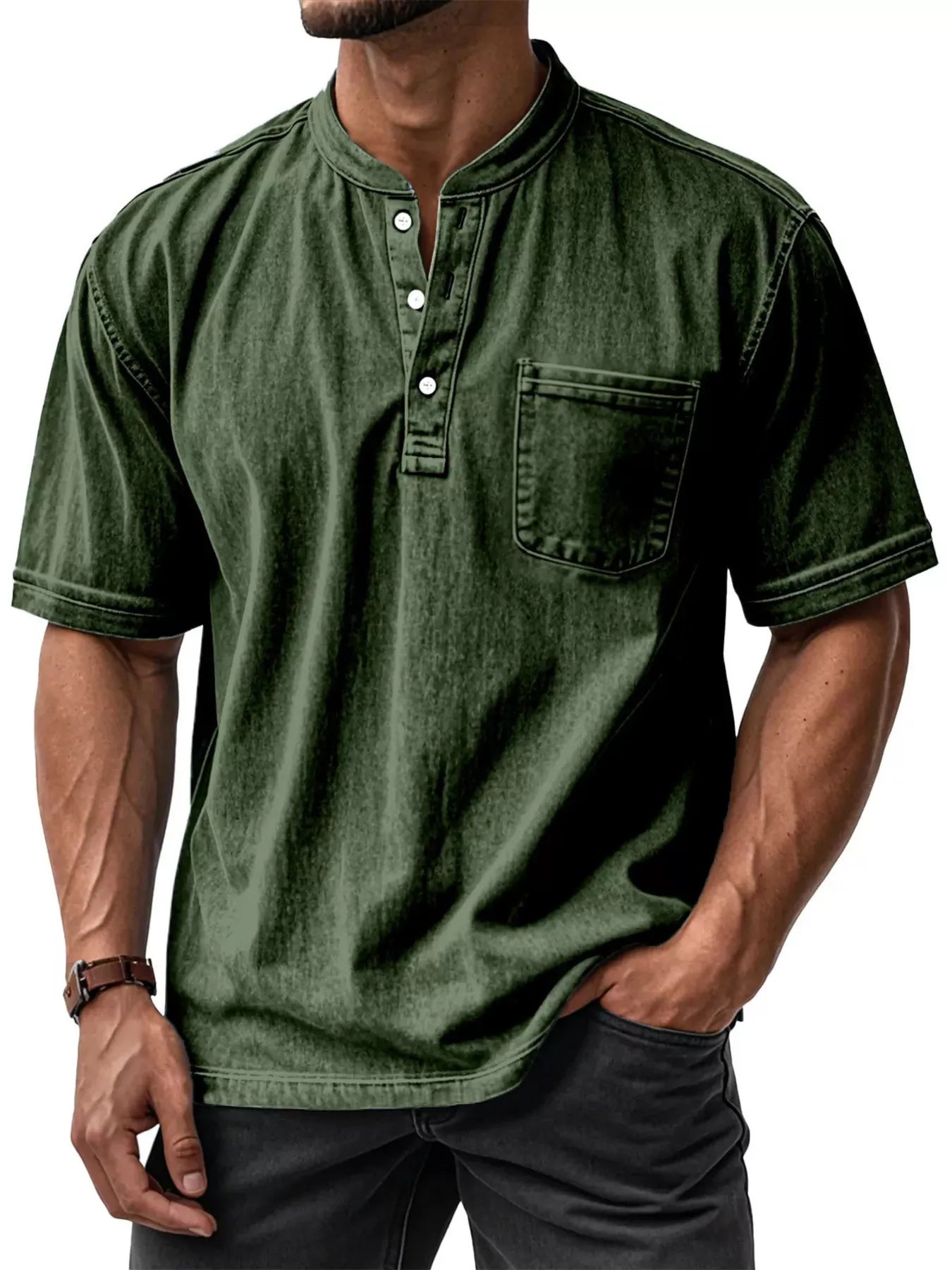 Men's plus size short sleeve top with button details in grey, stylish and comfortable from Trendsi.