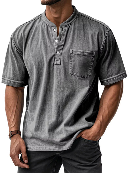 Men's plus size short sleeve top by Trendsi featuring button details, made of soft fabric in grey.