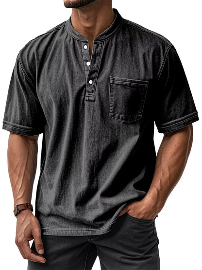Men's plus size short sleeve top by Trendsi with button details, in grey, featuring a relaxed fit and casual style.