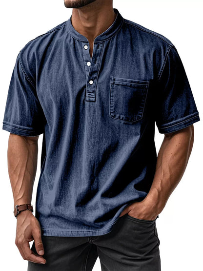 Men's plus size grey short sleeve top with button details from Trendsi, featuring a comfortable fit and casual style.