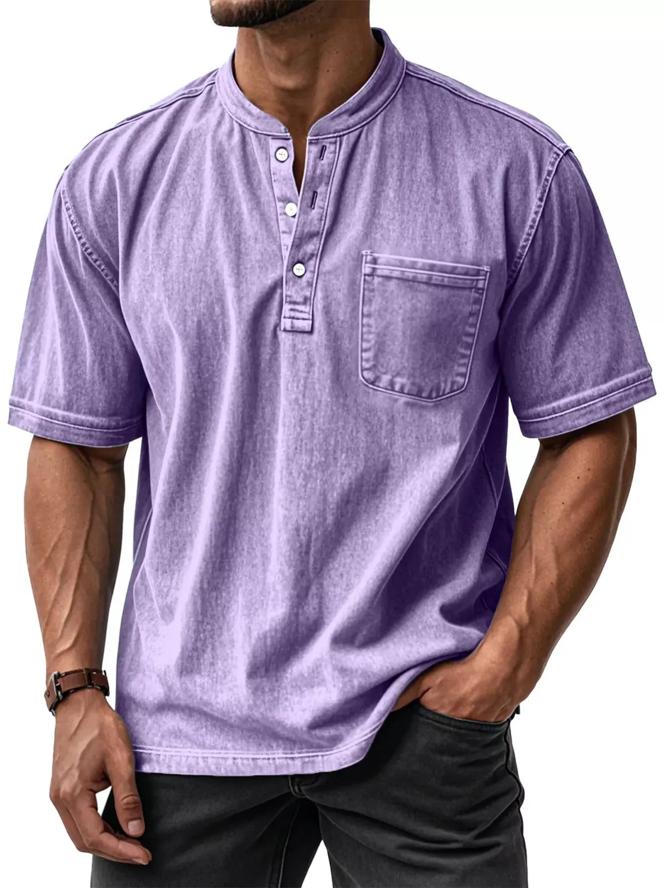 Men's plus size short sleeve top with button details in grey by Trendsi, featuring a casual fit and comfortable fabric.