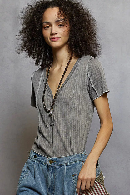 Grey POL V-neck short sleeve top with stitch seam detail, casual women's fashion by Trendsi.