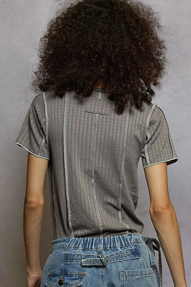 Grey POL V-neck short sleeve top by Trendsi with stitch seam detail, casual and versatile women's fashion top