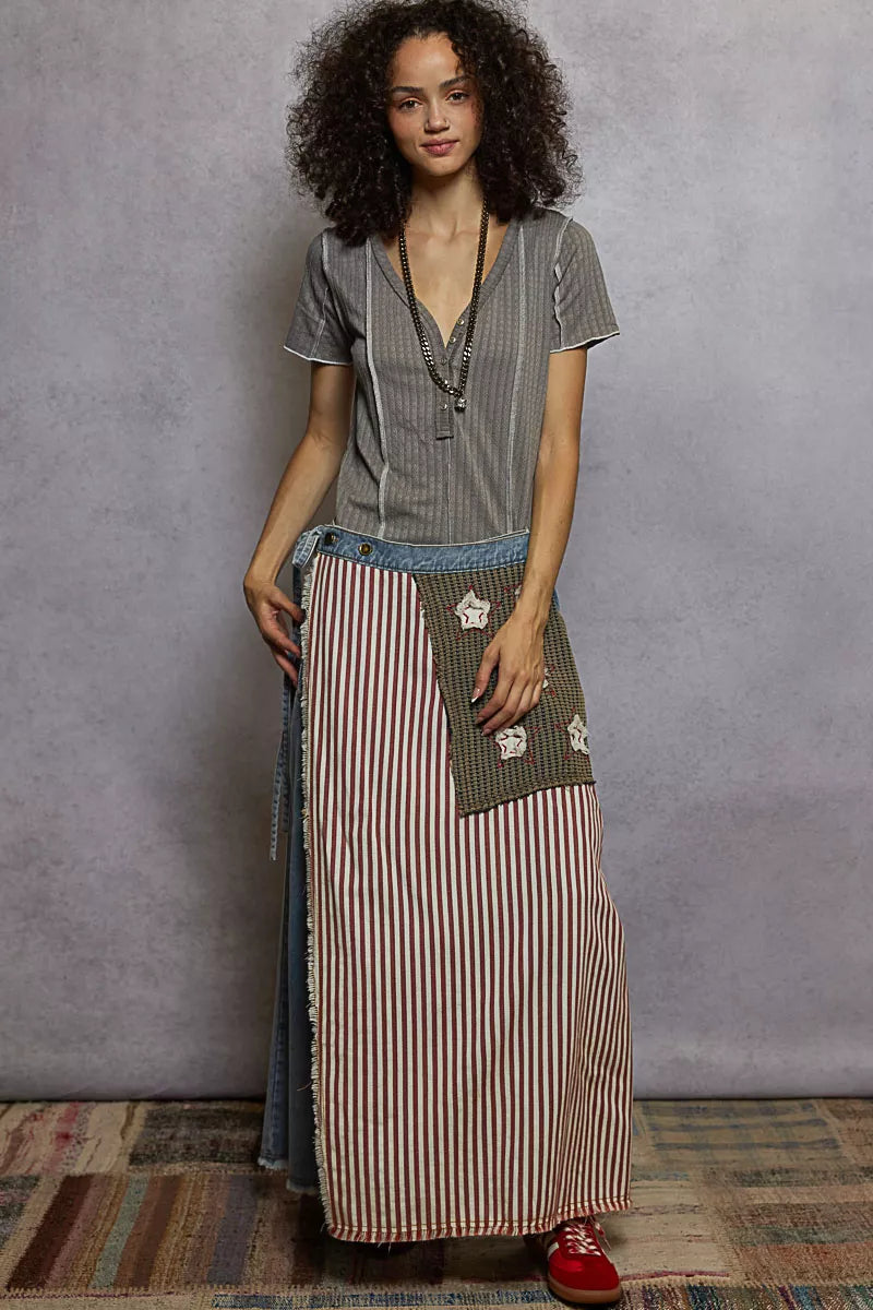 Grey POL V-neck short sleeve top with stitch seam detail from Trendsi, showcasing a fitted casual blouse with clean stitching accents.