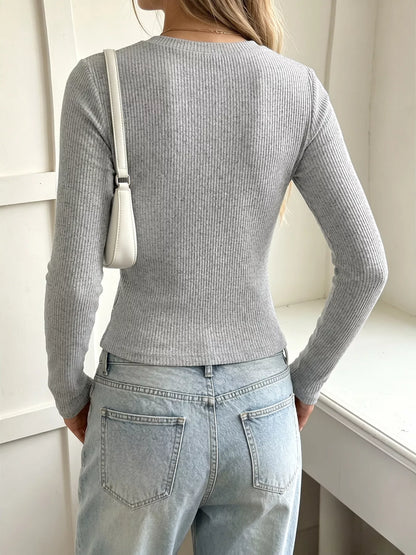 Grey ribbed lace trim Henley T-shirt from Trendsi, featuring a button-up neckline and fitted long sleeves.