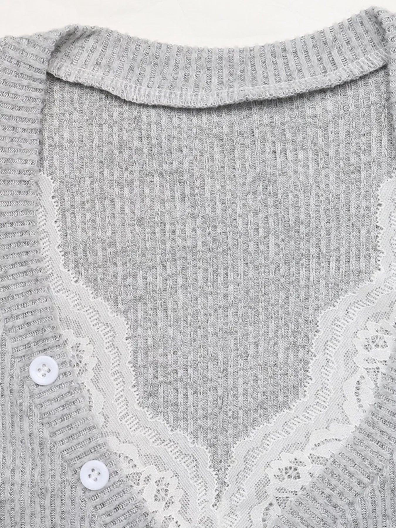 Grey ribbed lace trim Henley T-shirt by Trendsi featuring a button neckline and long sleeves.