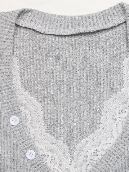 Grey ribbed lace trim Henley T-shirt by Trendsi featuring a button neckline and long sleeves.