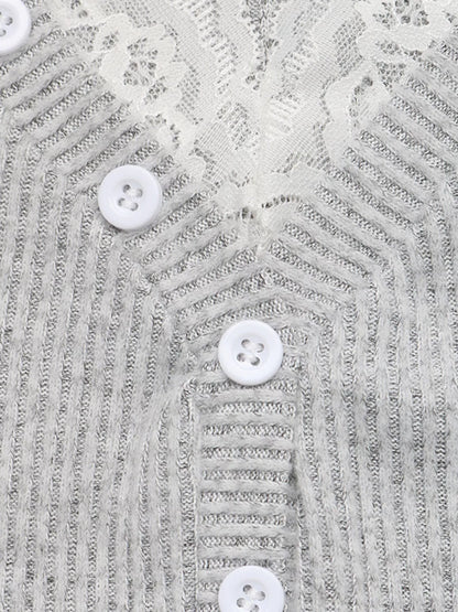 Grey ribbed Henley T-shirt with lace trim from Trendsi, featuring a button-front and casual fit.
