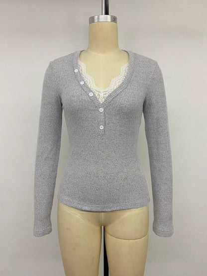 Grey ribbed lace trim Henley T-shirt from Trendsi, featuring a buttoned neckline and casual fit with lace accents.