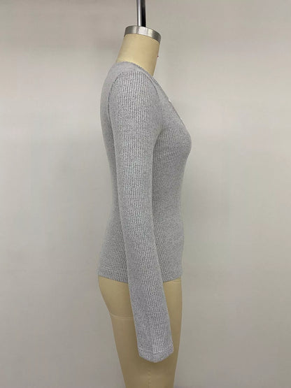 Gray ribbed Henley T-shirt with lace trim, featuring long sleeves and button-front design from Trendsi.