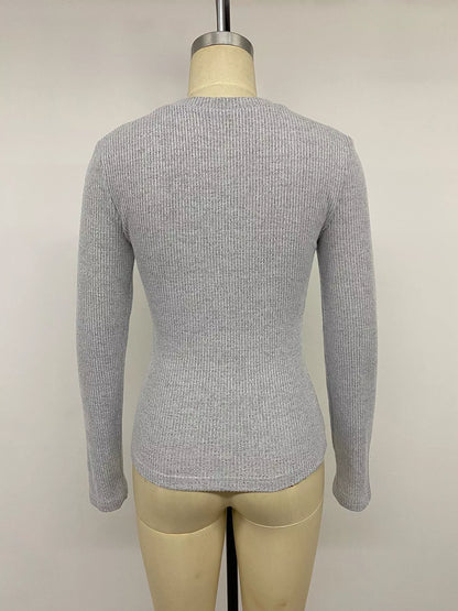 Grey ribbed Henley T-shirt with lace trim from Trendsi, featuring a button neckline and fitted casual style.