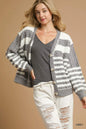 Grey Umgee cable-knit stripe button-up cardigan with front buttons, ideal for layered casual or cozy winter outfits.