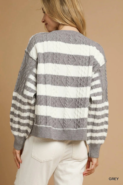 Gray Umgee cable-knit stripe button-up cardigan with front buttons, styled for a cozy, casual look.