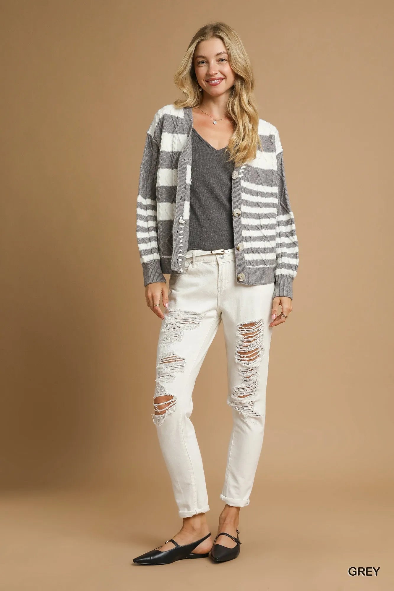 Gray Umgee Cable-Knit Stripe Button-Up Cardigan with front buttons and ribbed cuffs, styled for a casual look.