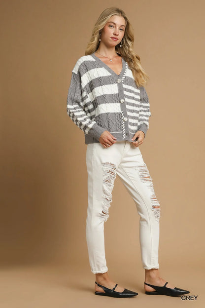 Grey Umgee cable-knit stripe button-up cardigan with front buttons, featuring a cozy, textured knit design and classic style.