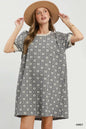 Grey Umgee floral textured mini dress with puff sleeves, featuring a stylish and feminine design perfect for casual or semi-formal occasions.