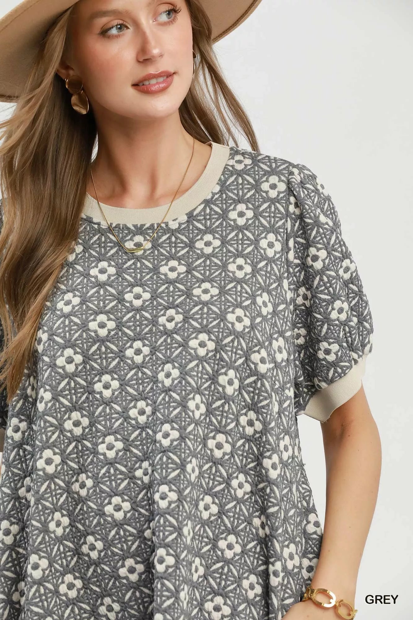 Grey Umgee floral textured puff sleeve mini dress with ruffled details, perfect for casual or semi-formal occasions.