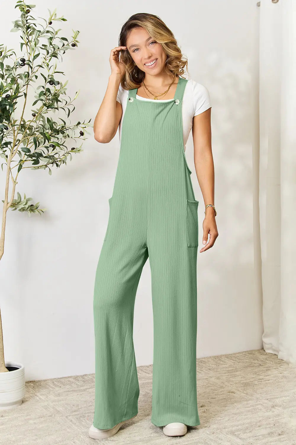Trendsi Double Take full-size wide strap overall with pockets, featuring a relaxed fit and casual style, in a gum leaf color.