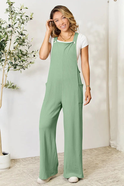 Trendsi Double Take full-size wide strap overall with pockets, featuring a relaxed fit and casual style, in a gum leaf color.