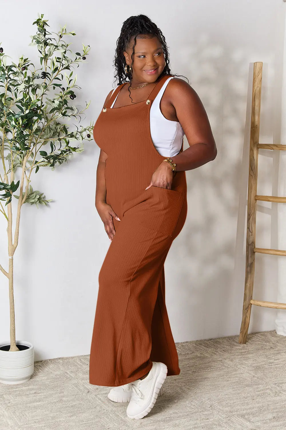 Trendsi Double Take full-size wide strap overall with pockets, featuring a relaxed fit and comfortable design in a gum leaf pattern.