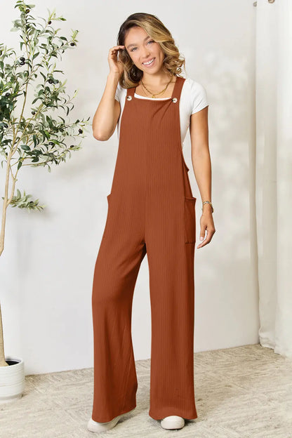 Trendsi Double Take full-size wide strap overall with pockets, green gum leaf print, casual sleeveless jumpsuit for women