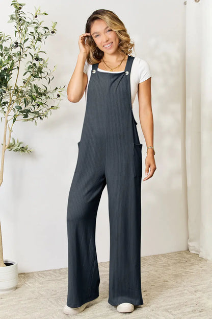 Trendsi Double Take full-size wide strap overall with front pockets, green gum leaf print, casual and comfortable clothing.