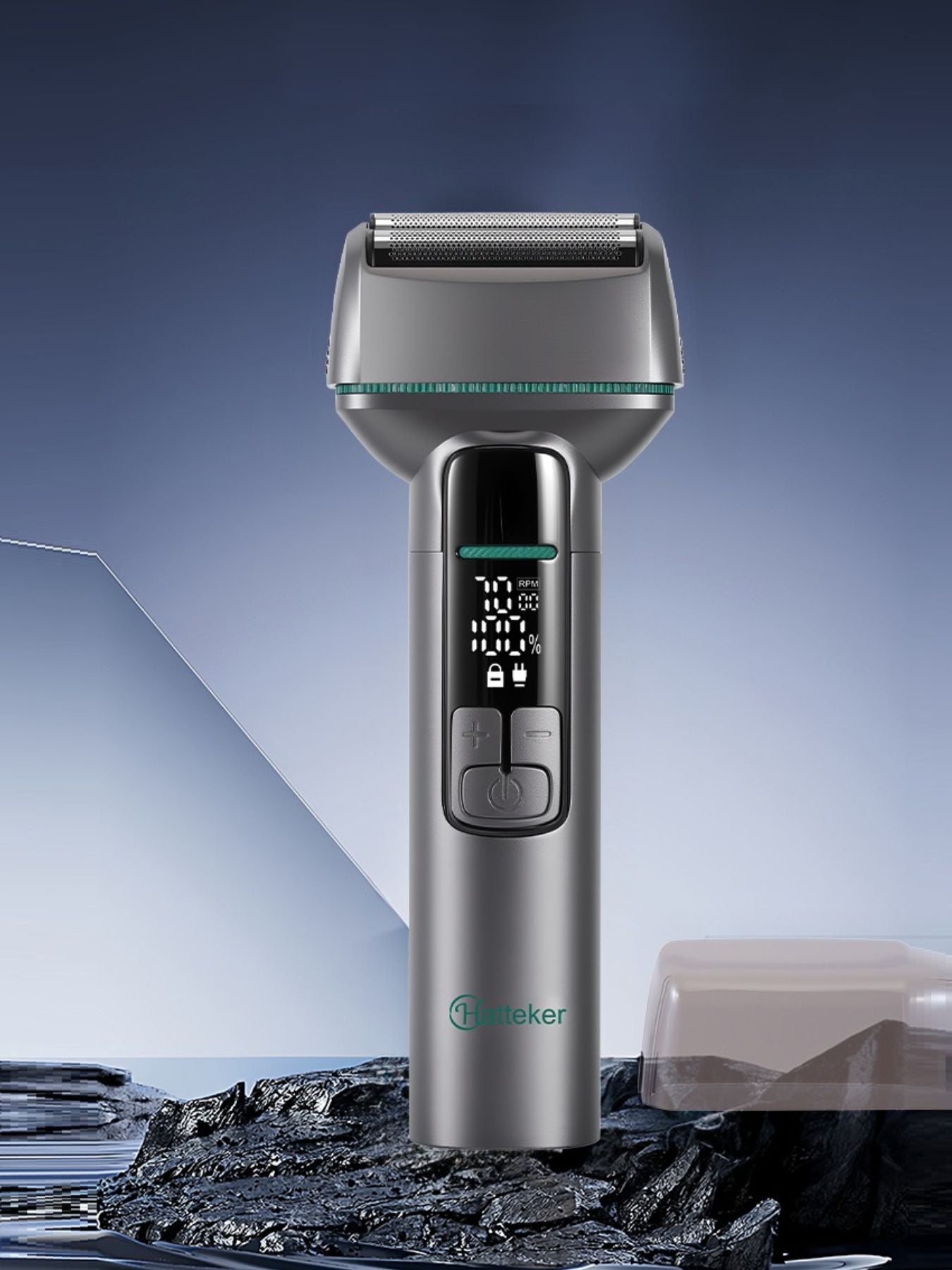 Trendsi rechargeable electric shaver with LED display, gunmetal finish, compact design, and adjustable grooming features.