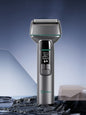 Trendsi rechargeable electric shaver with LED display, gunmetal finish, compact design, and adjustable grooming features.