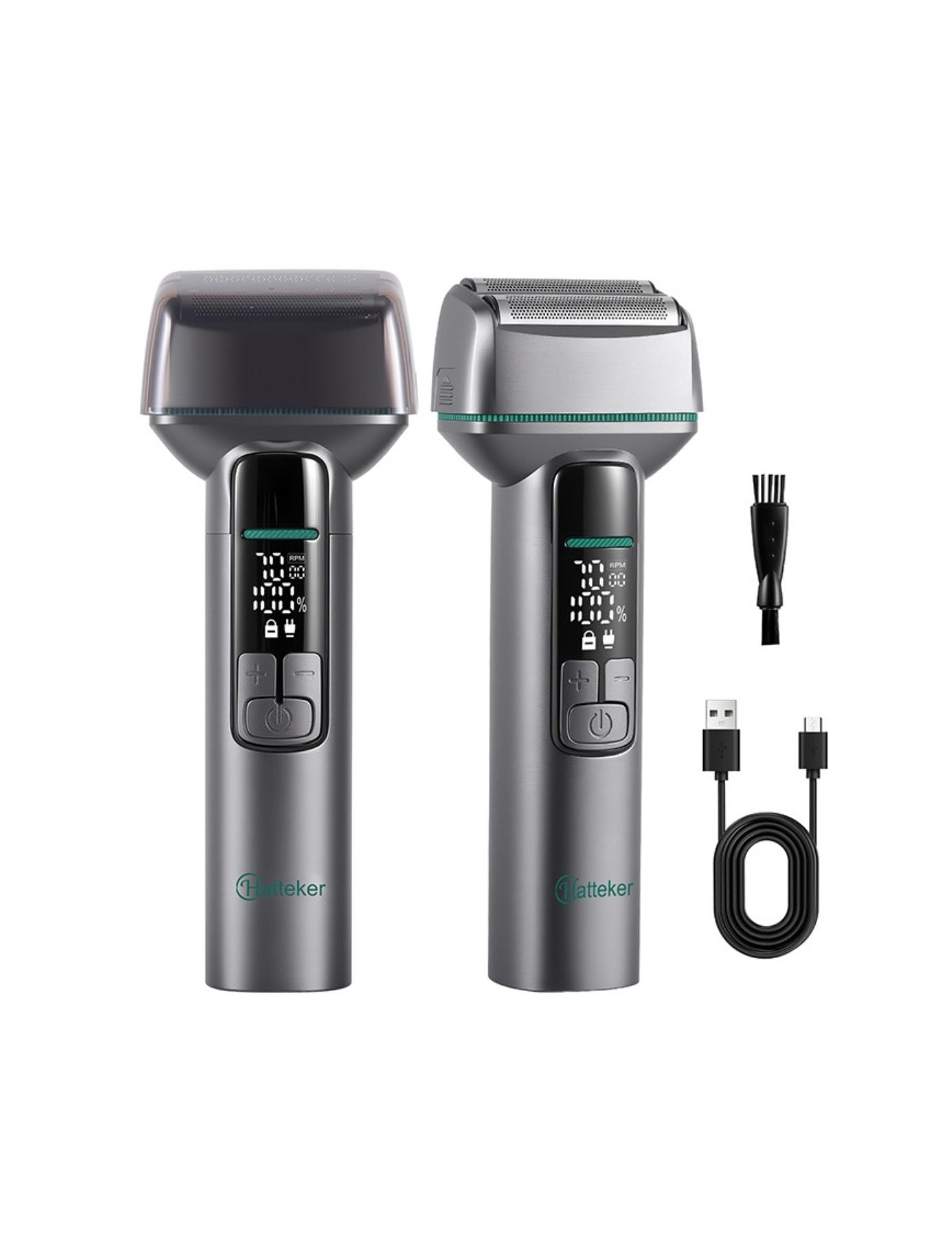 Rechargeable electric shaver with LED display in gunmetal finish, featuring a sleek design and ergonomic handle for easy use.