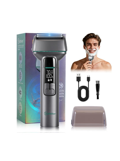 Rechargeable electric shaver with LED display, gunmetal finish, compact design, by Trendsi, suitable for men’s grooming.