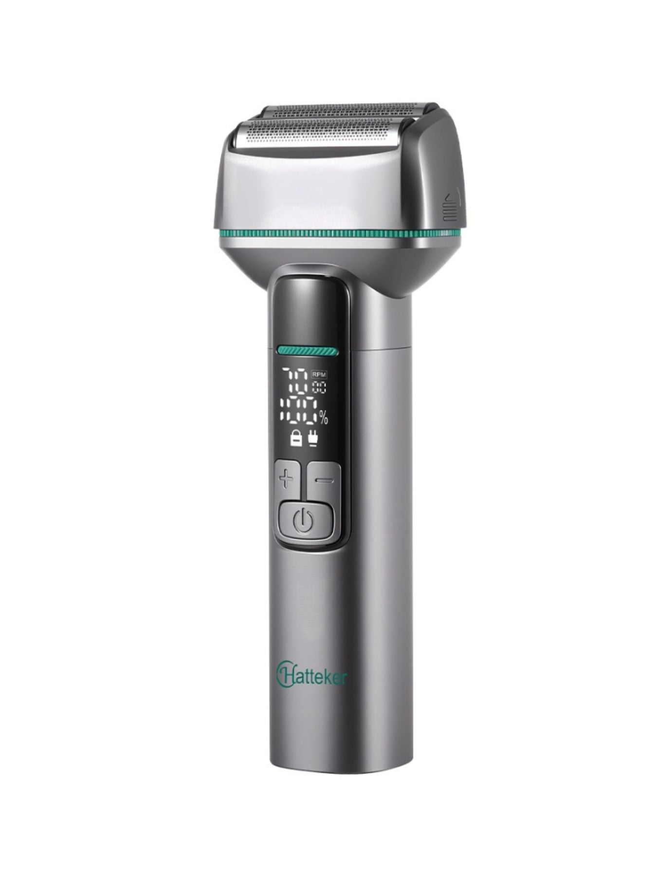 Rechargeable electric shaver from Trendsi with LED display, gunmetal finish, compact design, ideal for precise grooming.
