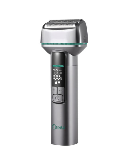 Rechargeable electric shaver from Trendsi with LED display, gunmetal finish, compact design, ideal for precise grooming.