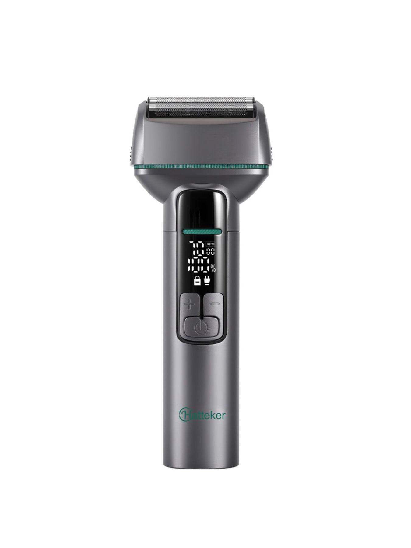 Rechargeable electric shaver with LED display from Trendsi, featuring a sleek gunmetal finish and ergonomic design.