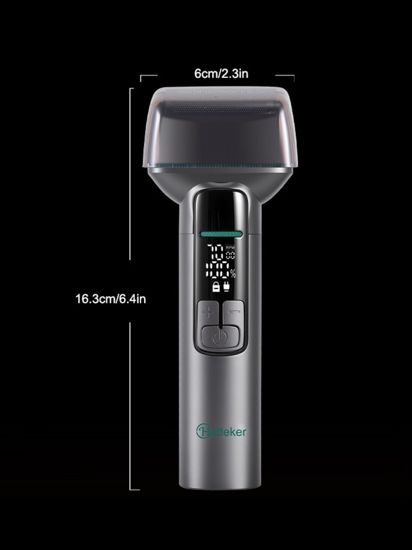 Trendsi rechargeable electric shaver with LED display, gunmetal finish, compact design, and ergonomic grip for precise grooming.