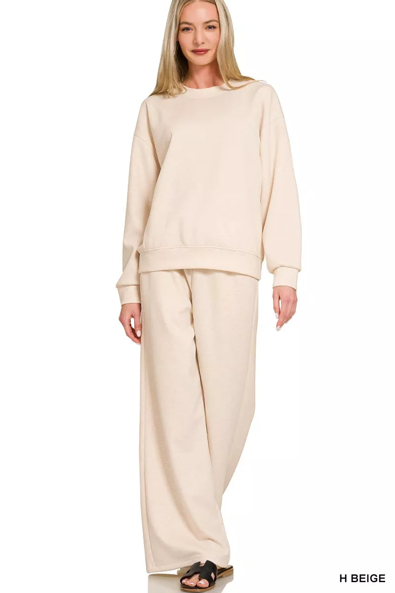 Beige Zenana scuba crewneck pullover and matching pants set by Trendsi, casual lounge outfit with comfortable fit and soft fabric.