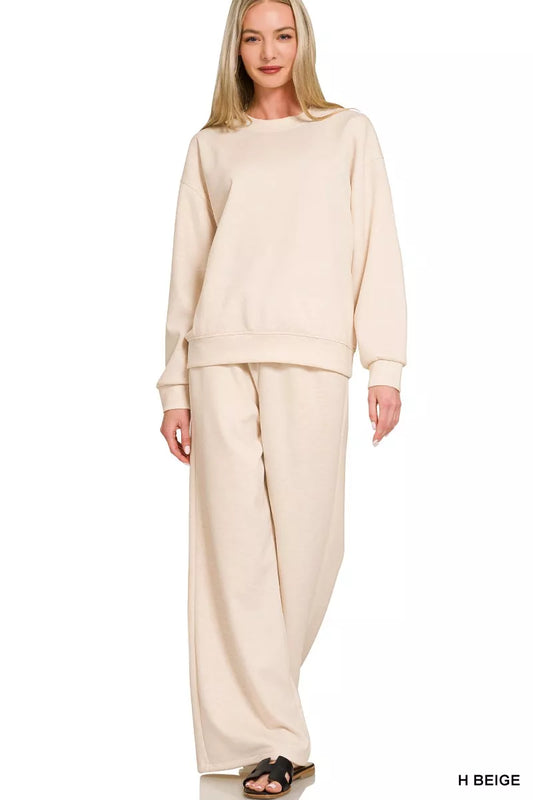 Beige Zenana scuba crewneck pullover and matching pants set by Trendsi, casual lounge outfit with comfortable fit and soft fabric.