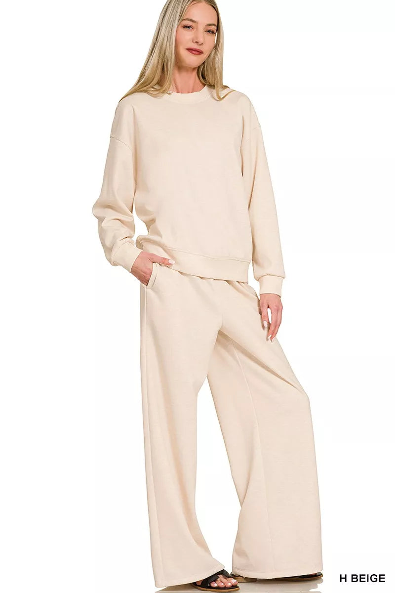 Beige Zenana scuba crewneck pullover and matching pants set by Trendsi, featuring a comfortable, casual loungewear look.