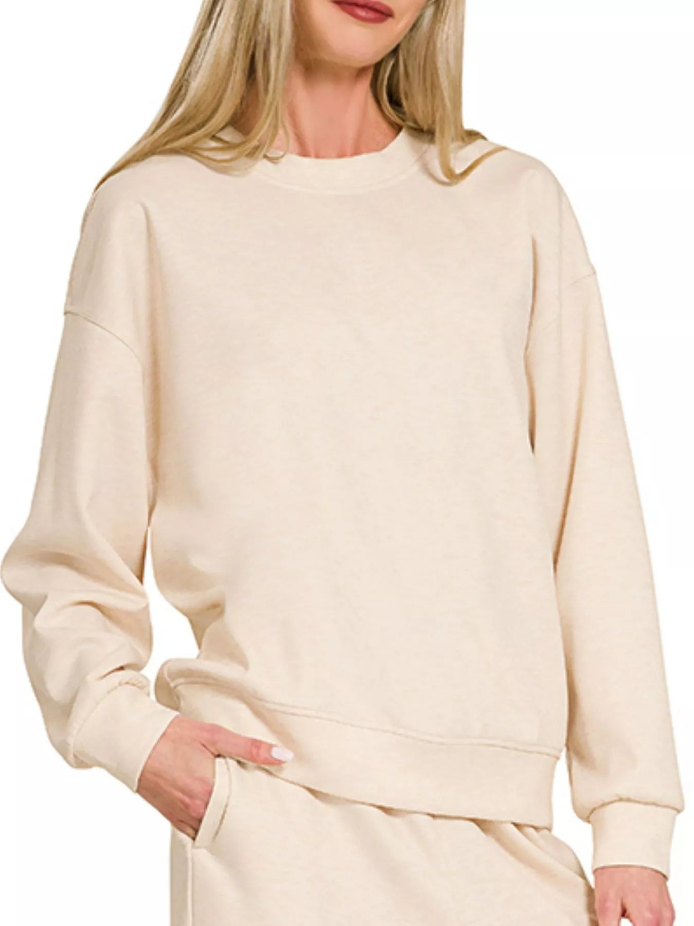 Beige Zenana scuba crewneck pullover and matching pants set by Trendsi, casual loungewear outfit with comfortable fit.