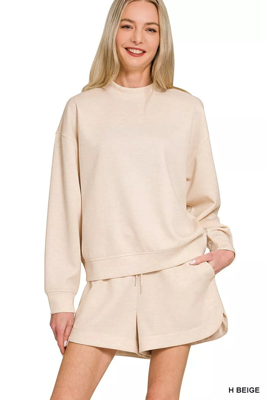 Beige Zenana scuba long sleeve sweatshirt and shorts set, casual loungewear with comfortable fit and stylish design.
