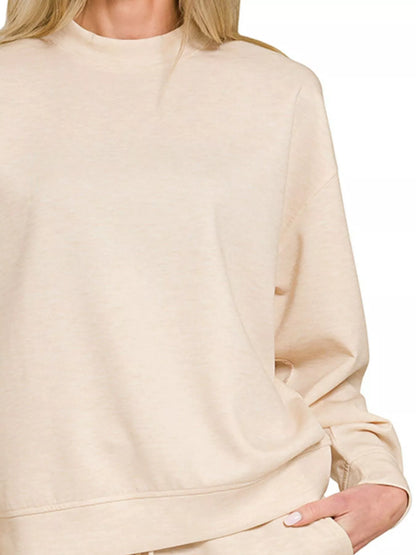 Beige Zenana Scuba long sleeve sweatshirt and shorts set, casual loungewear with comfortable fit and stylish design