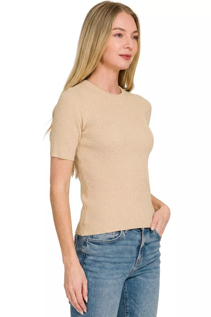 Beige Zenana viscose ribbed round neck sweater with long sleeves, casual and comfortable for everyday wear.