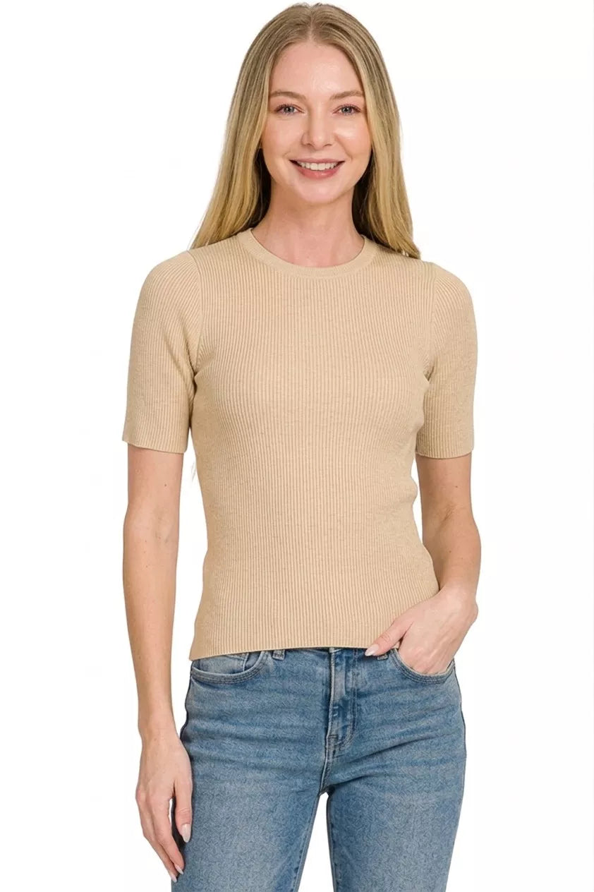 Beige Zenana Viscose Ribbed Round Neck Sweater with long sleeves and fitted design, featuring a classic ribbed texture.