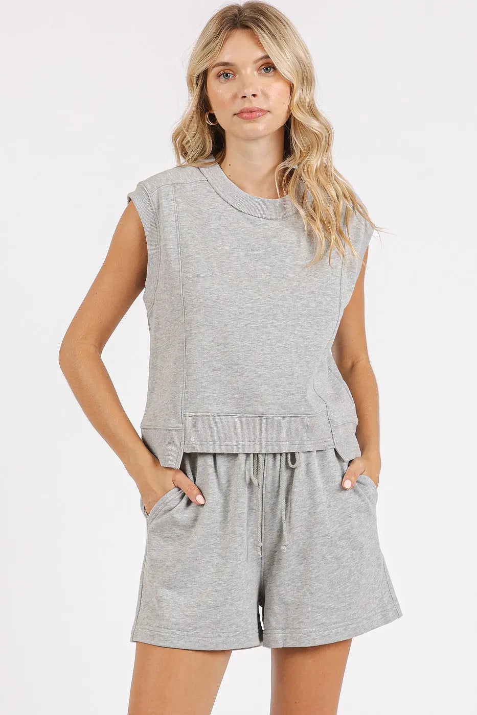 Grey French Terry crew neck top and shorts set by Mittoshop, casual loungewear from Trendsi, comfortable and stylish.