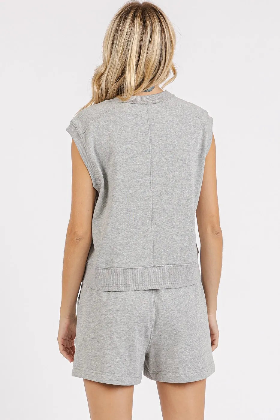 Gray French Terry crew neck top and matching shorts set from Mittoshop by Trendsi, casual loungewear with comfortable fabric.